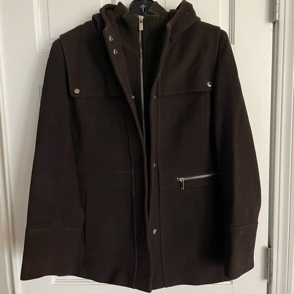 Michael Kors Chocolate Brown Wool Pea Coat w/ hood, Women’s Size 6